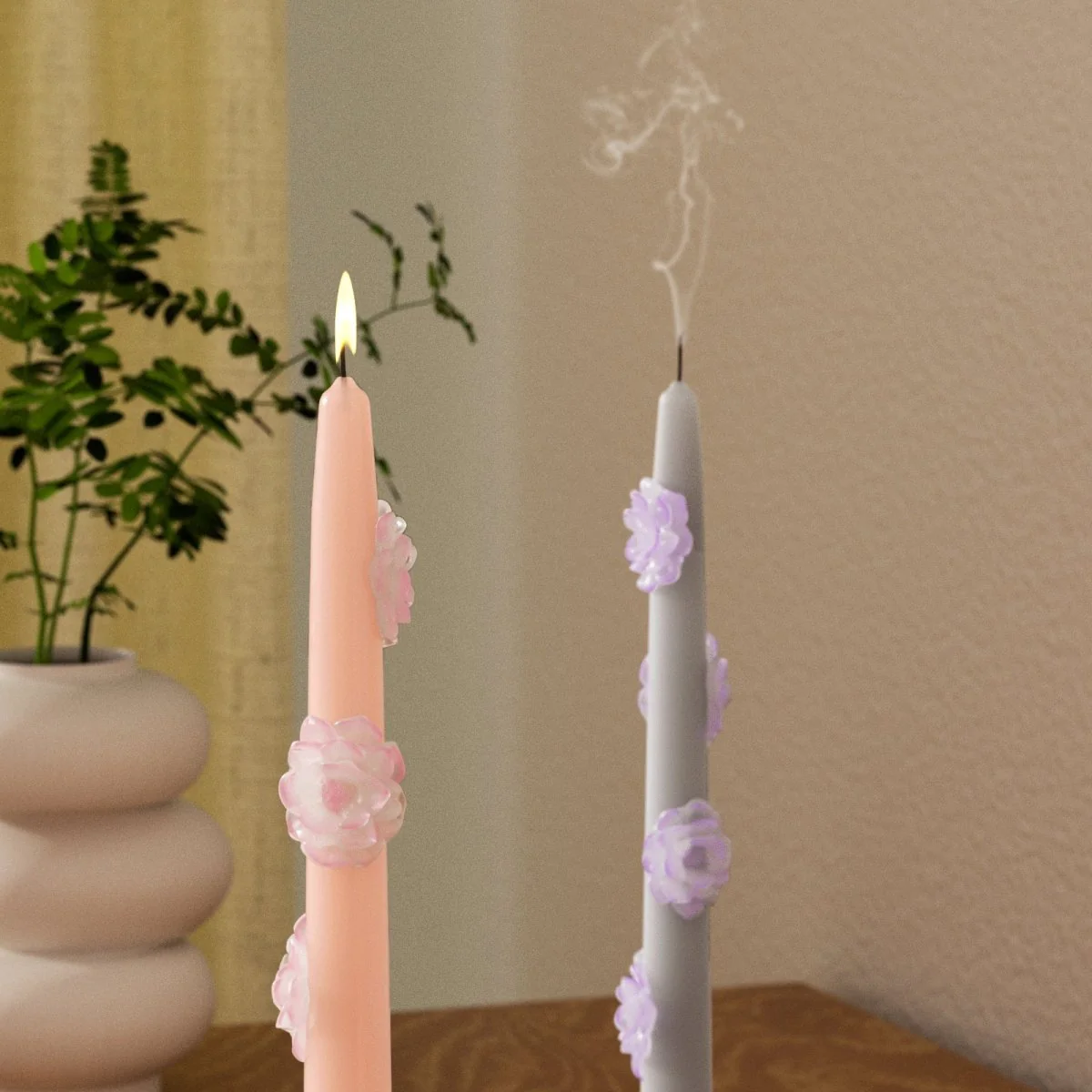 BLOSSOM Taper candle Camellia Mists Fade - Set of 2 Petal Pink & Mist Gray--Long Version - Image 3