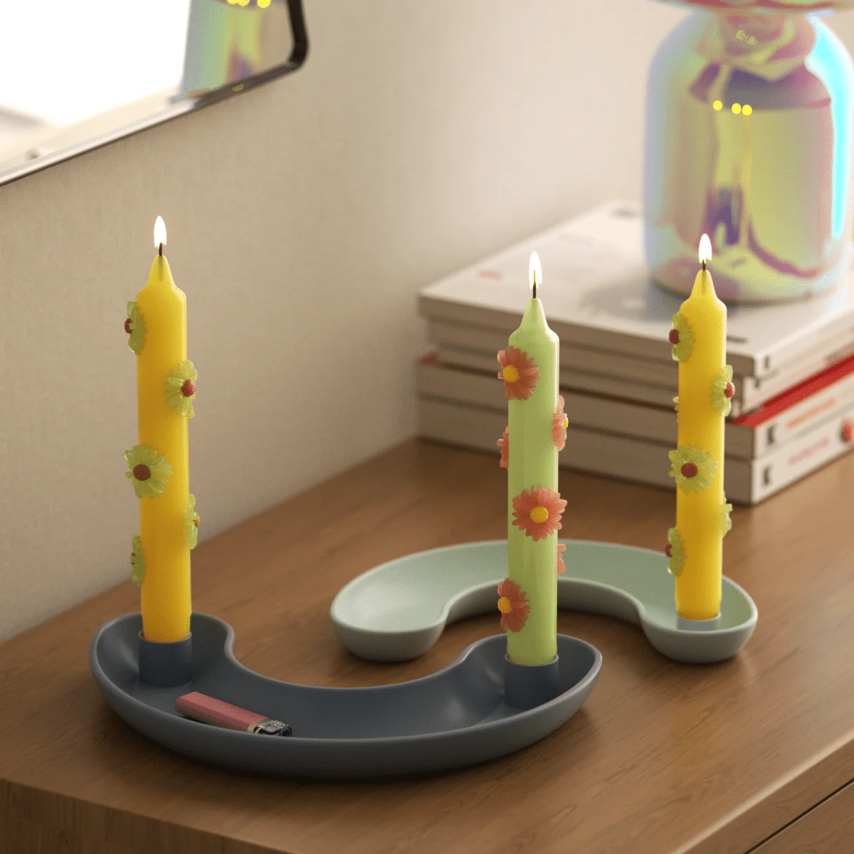 BLOSSOM Taper Candle Daisy Delight - Set of 2 - Sunshine Yellow & Soft Mint Green-Short Version - Image 2