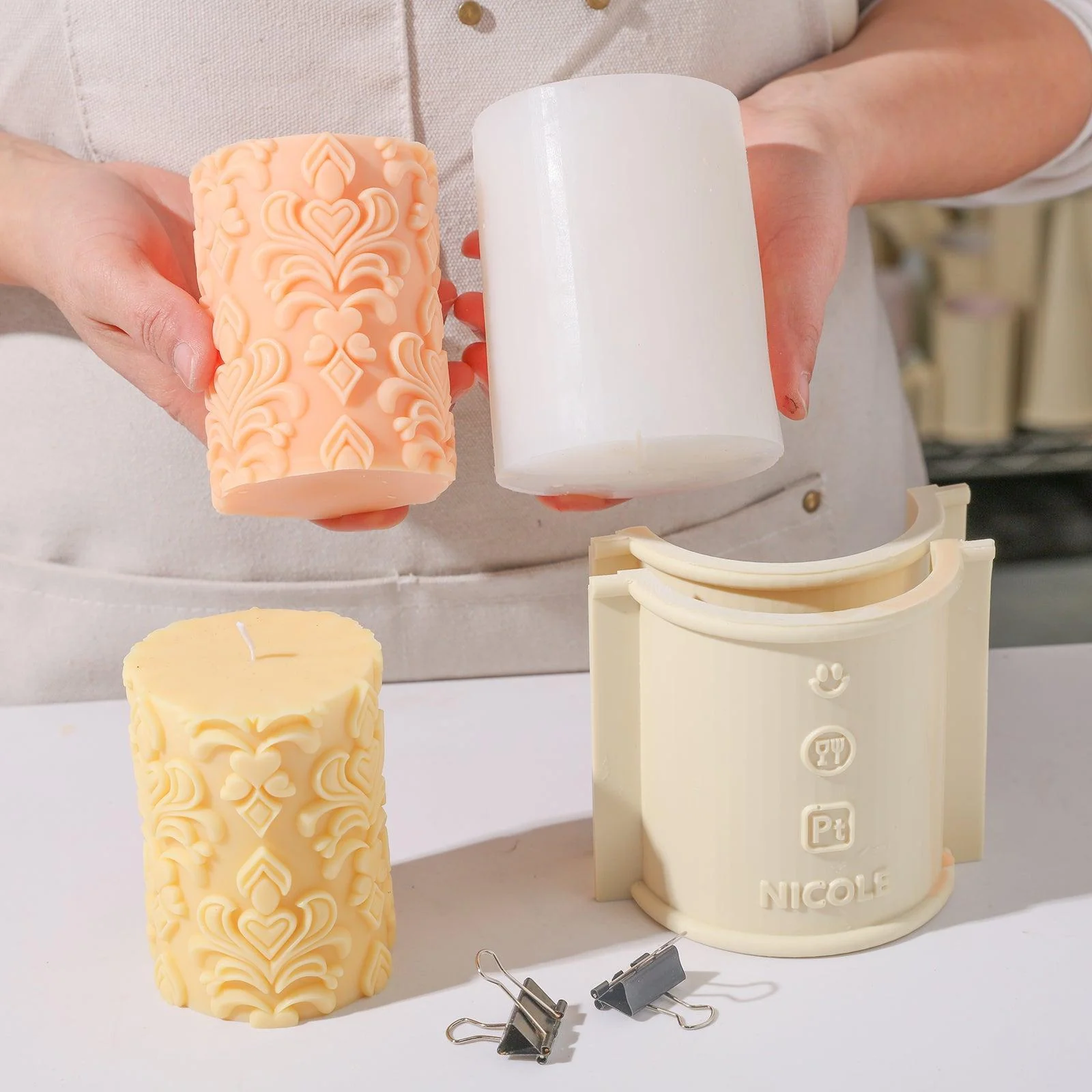 Short Elegance Patterned Relief Pillar Candle Silicone Mold - Image 3