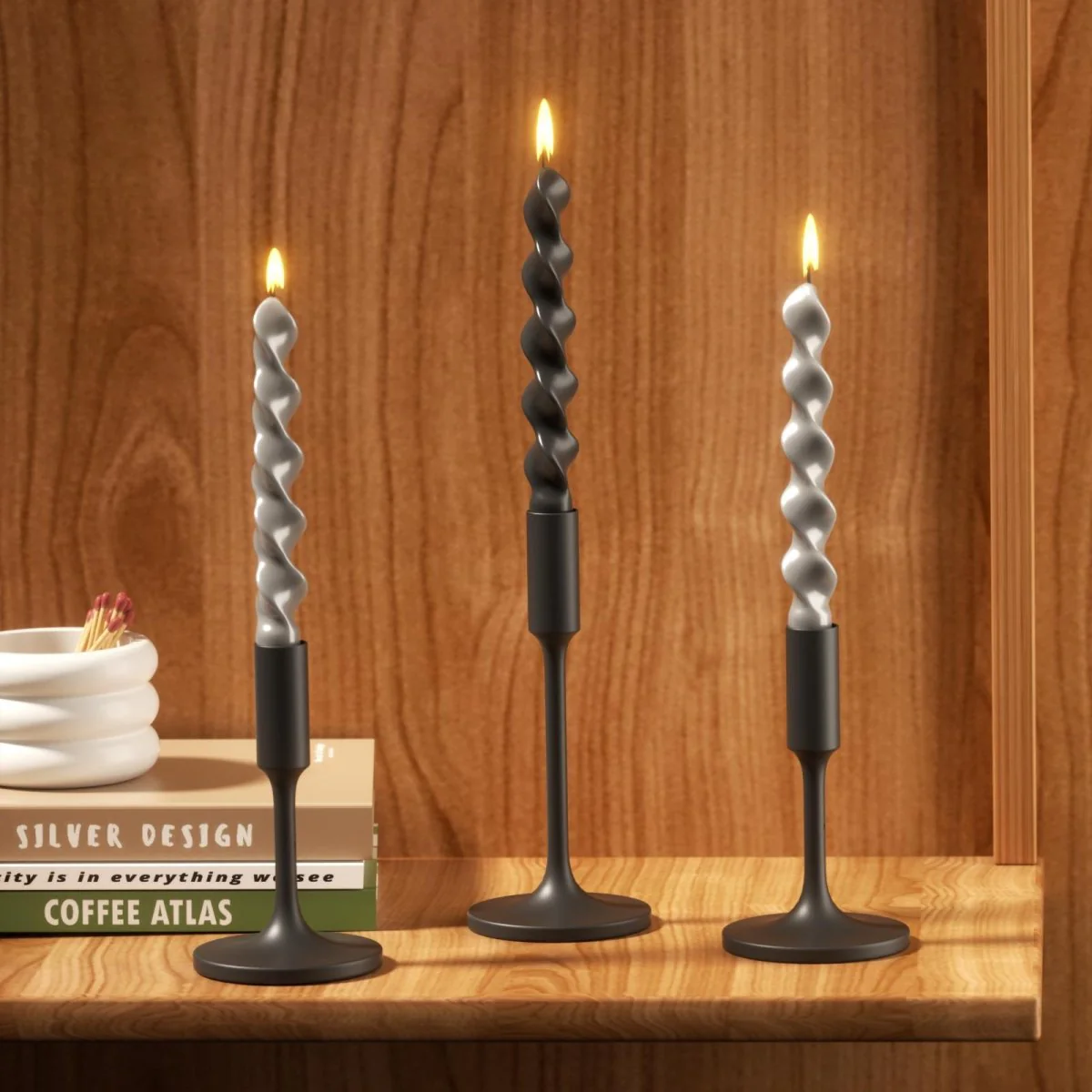 PLAY Spiral Taper Candle - Set of 2 - Midnight Ebony Black & Pebble Grey - Image 2