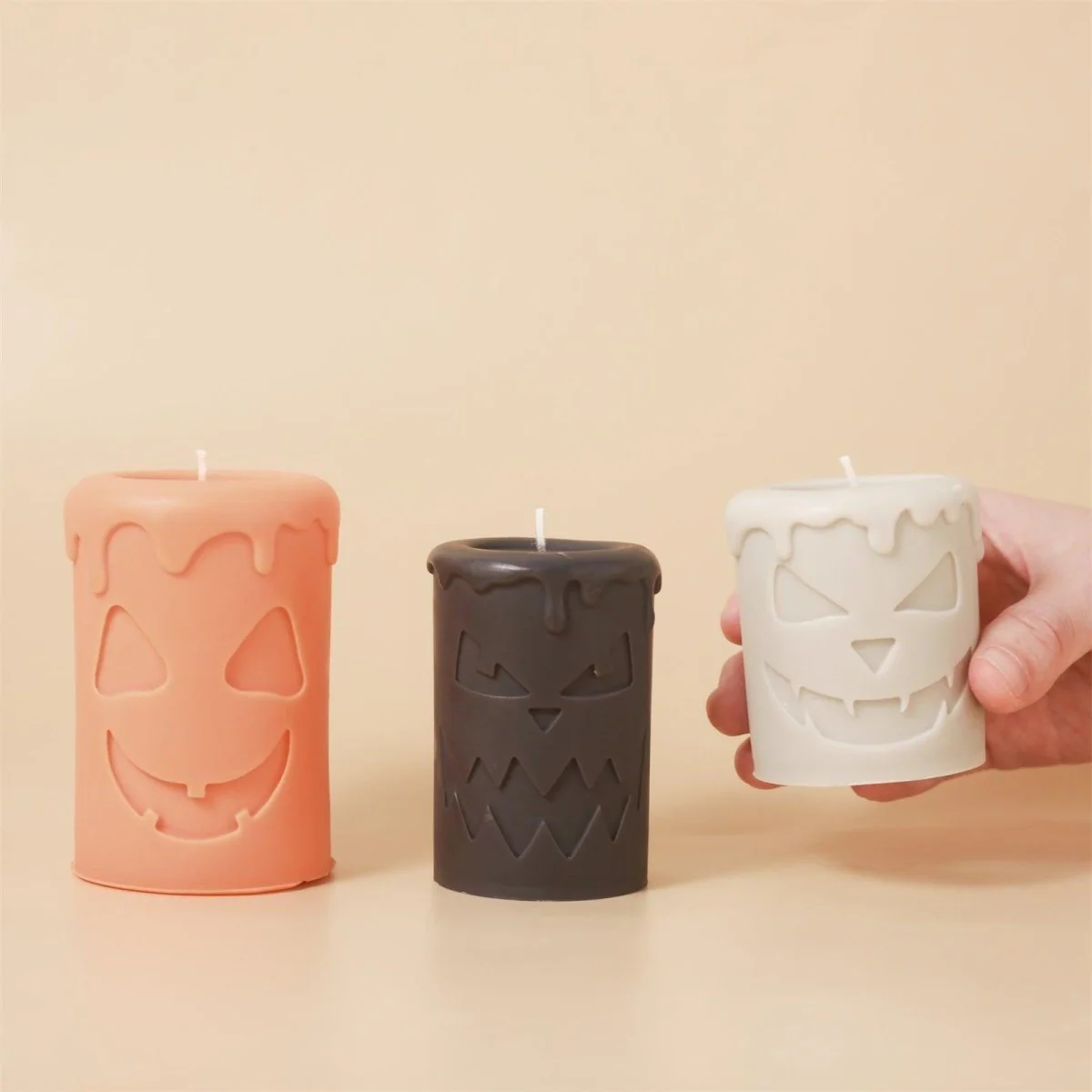 Short Scary Pumpkin Ghost Face Pillar Candle Silicone Mold for Halloween - Image 8