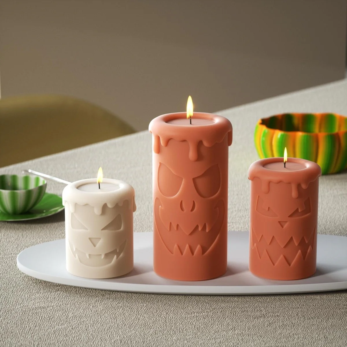 Tall Scary Pumpkin Ghost Face Pillar Candle Silicone Mold for Halloween - Image 4
