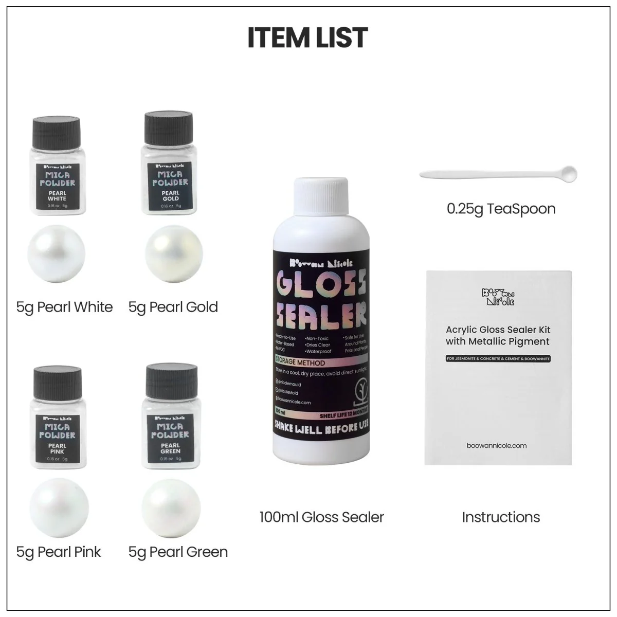 Glitter Colorable Acrylic Gloss Sealer Varnish with  Mica Powder Kit-4 of Pearlescent Whites - Image 10