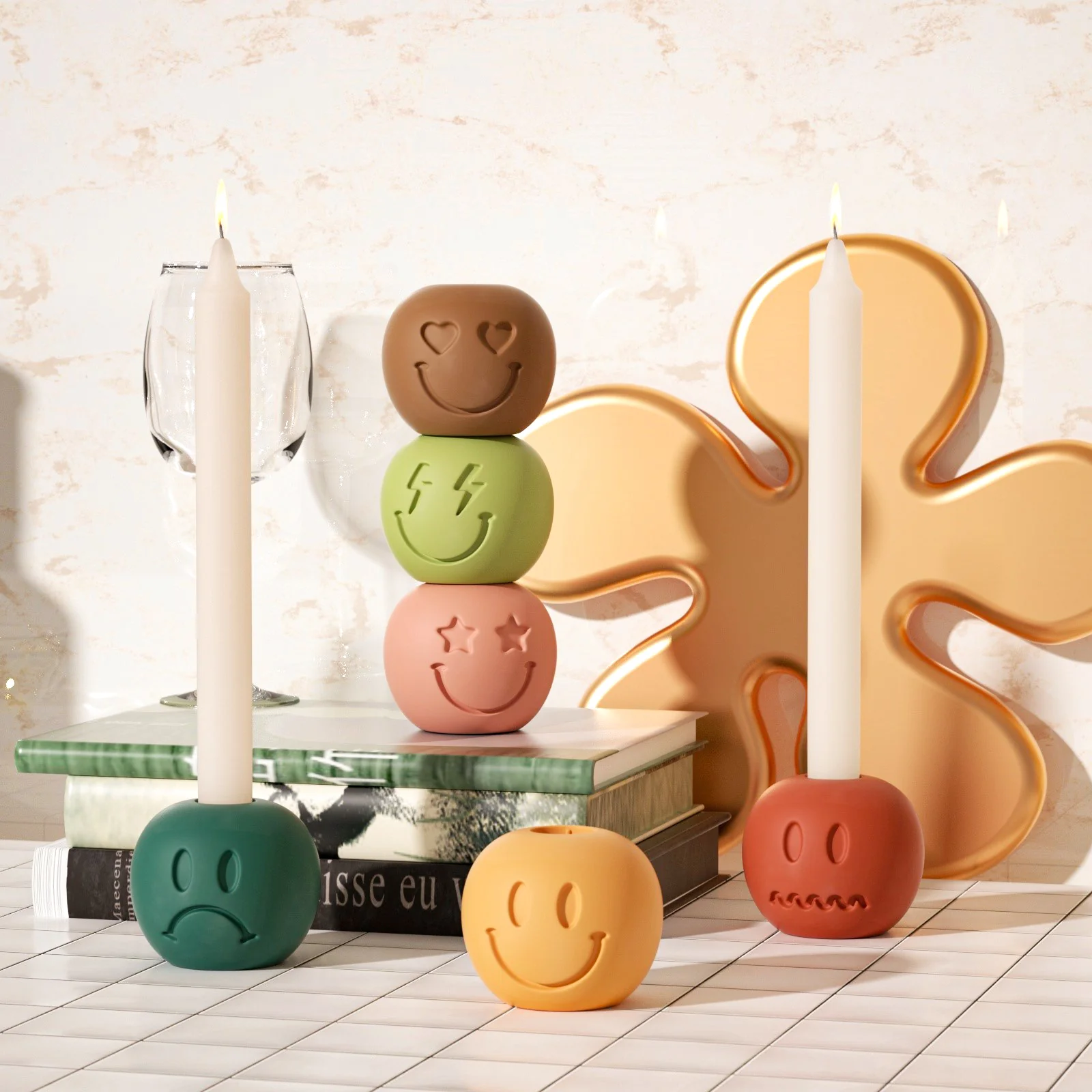 Smiley Face Emoticon Taper Candle Holder Silicone Mould - Image 4